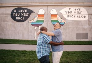 Couple hugging in front of colorful bird mural with love messages.