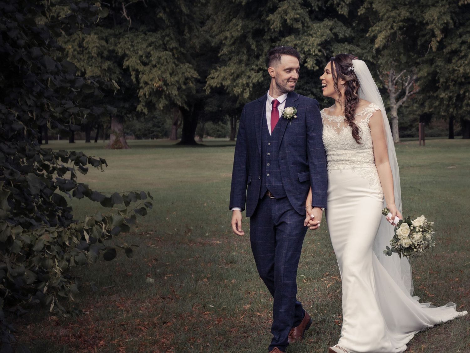 Candid wedding photo sequence showing couple walking and posing in formal attire.