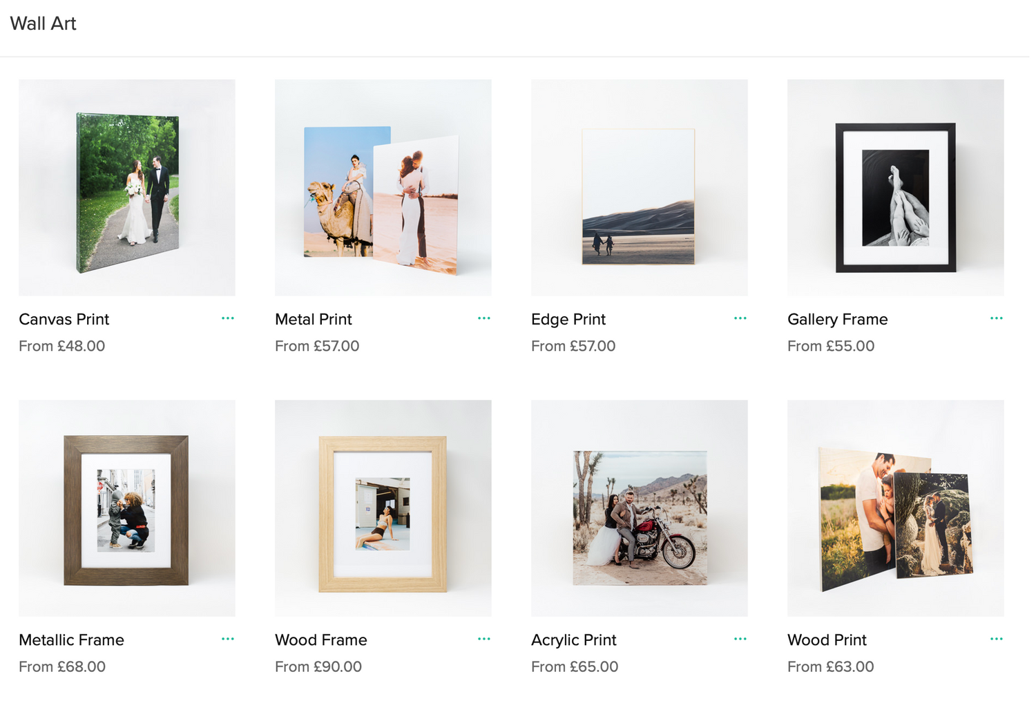 Gallery wall display showing various wedding photo print options and frame styles.