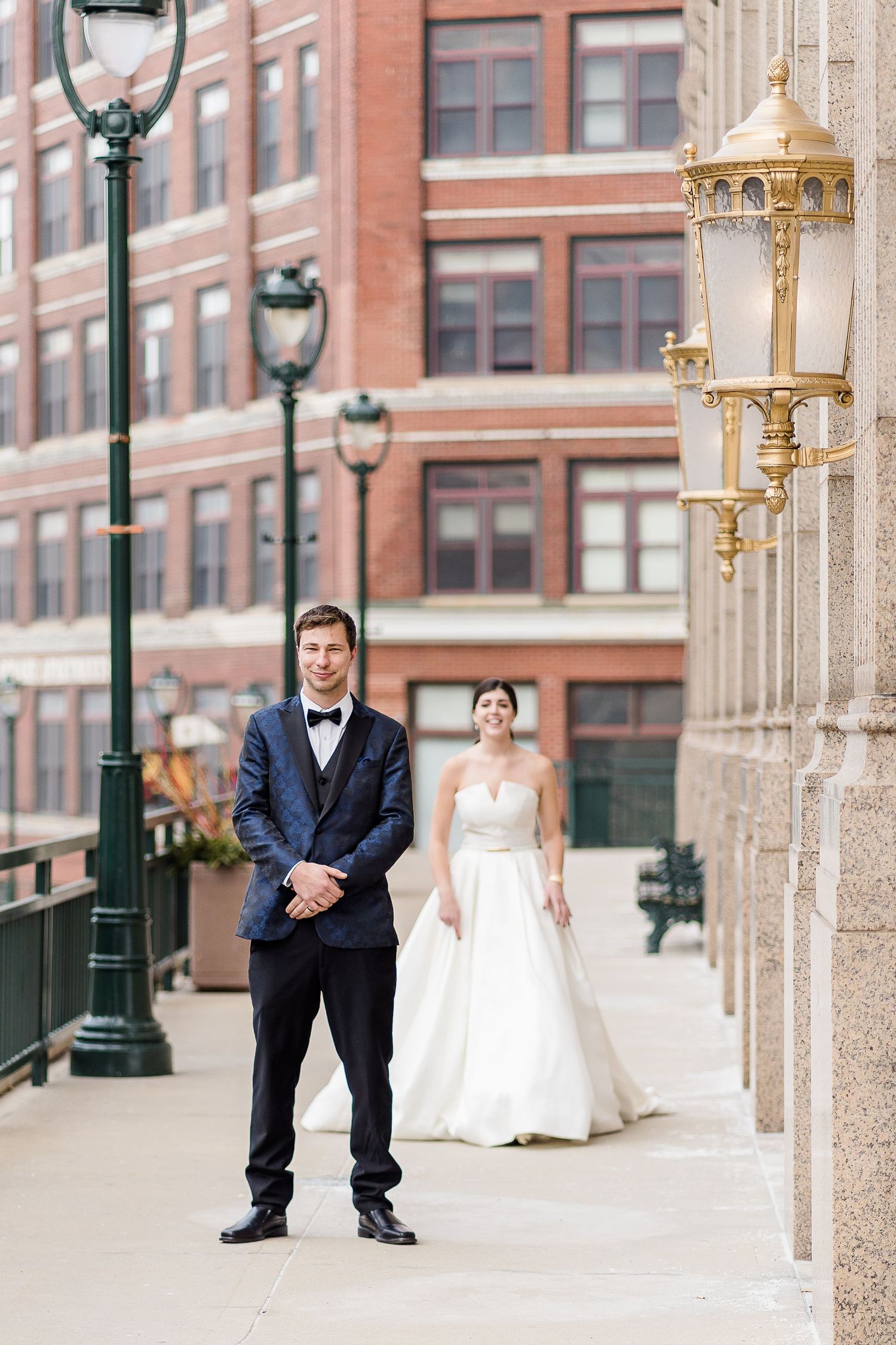 bride and groom first look wedding milwaukee riverwalk photographer kenosha racine MKE wedding first look bride groom
