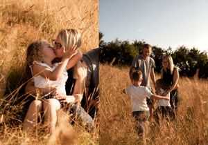 Collage of two images set in long golden grass. A mother and young daughter share a kiss, and a whole family walking