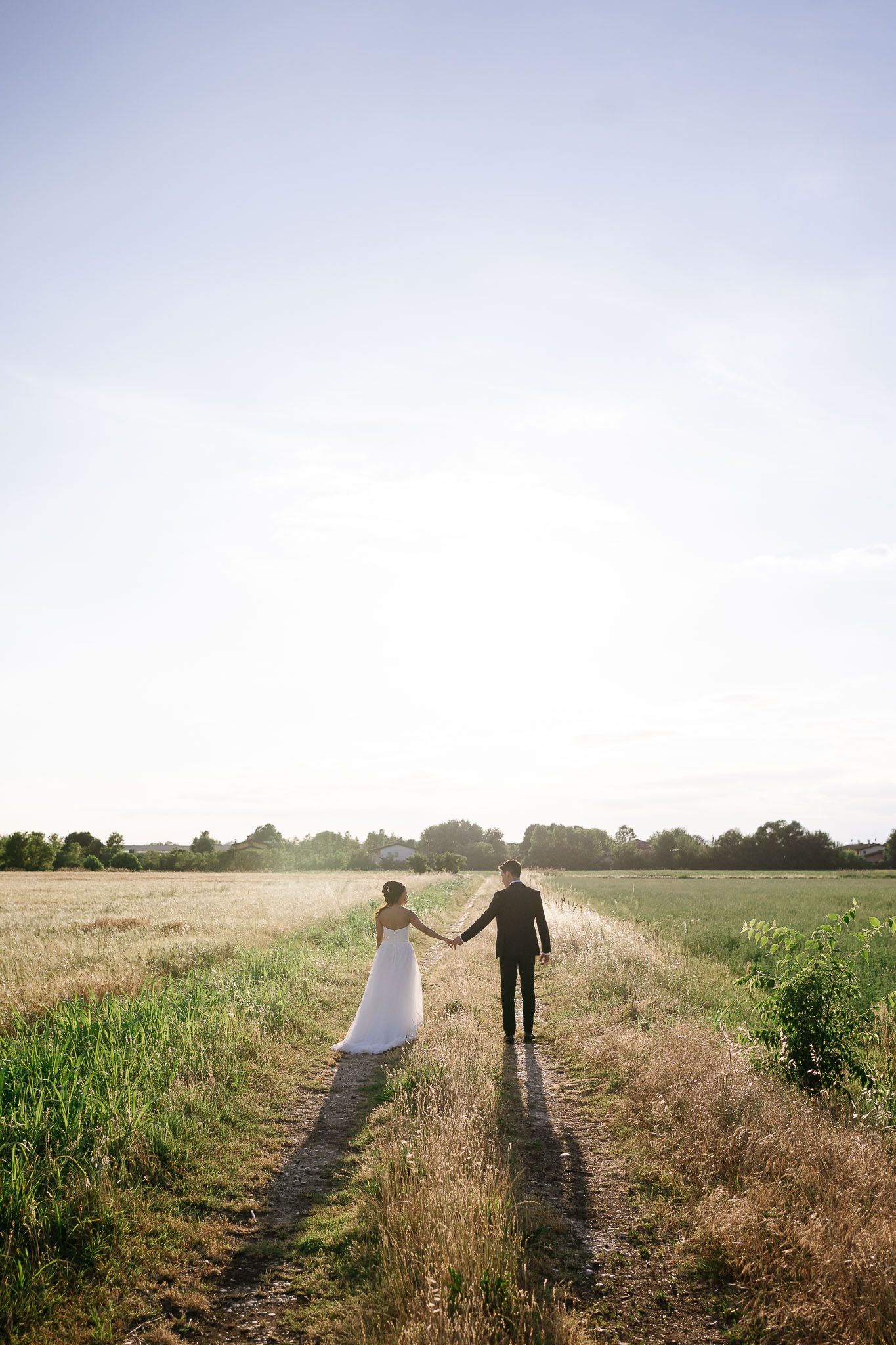 Silhouetted wedding couple walking hand in hand through a sunlit field.