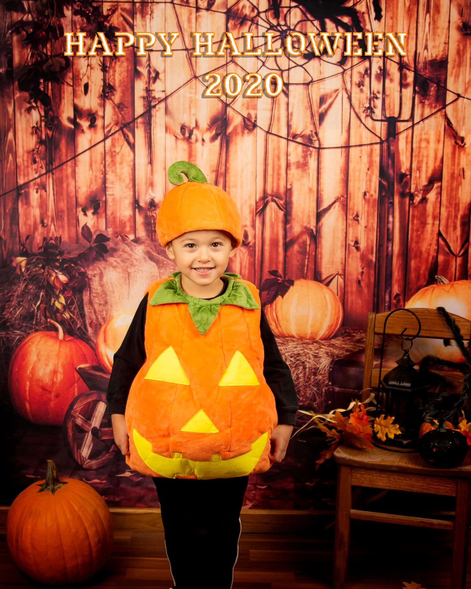 Jack-o-lantern costume with orange pumpkin outfit against rustic Halloween background.