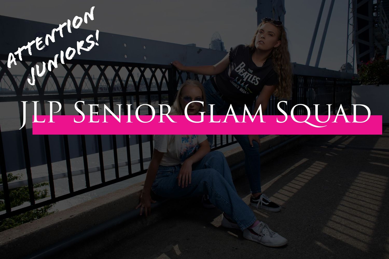 Marketing banner for JLP Senior Glam Squad with dark gradient background.