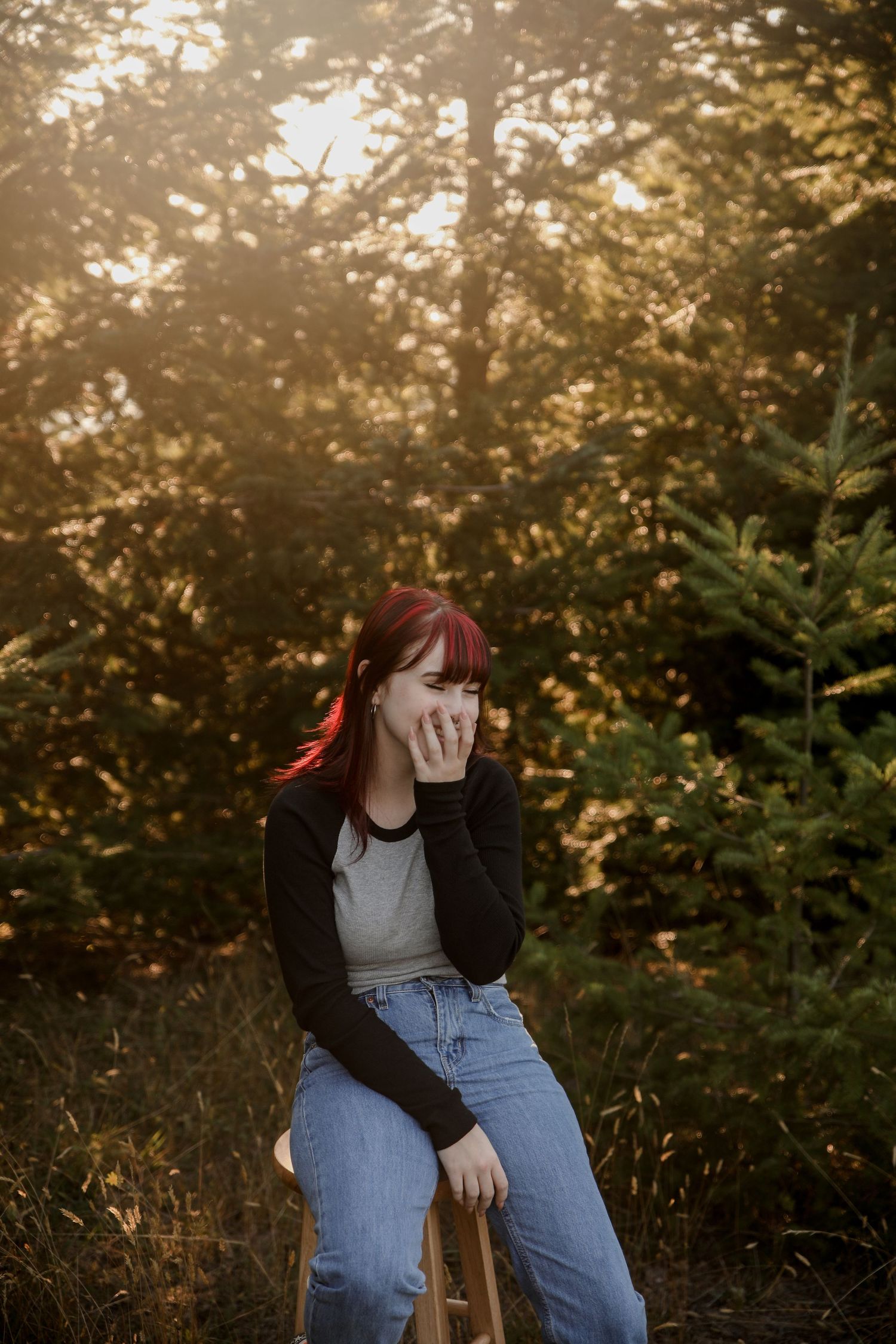 Portrait of someone in denim and black sweater sitting outdoors during golden hour among pine trees.