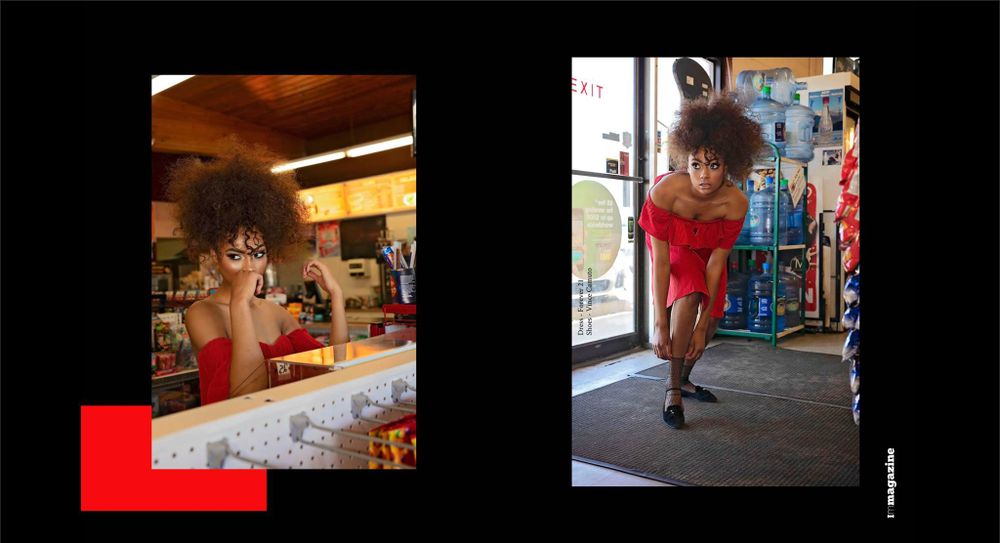 Fashion photography with red accents and urban storefronts in split panel layout.