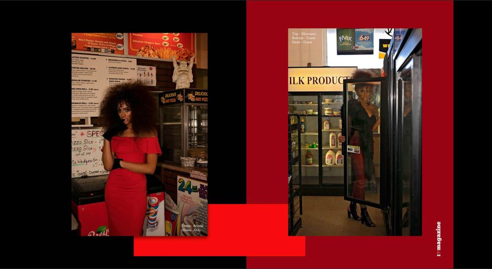 Editorial fashion shots in red tones featuring urban storefront locations.