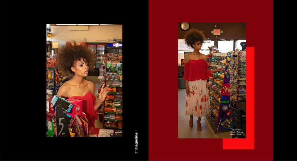 Two fashion photography shots in a retail store setting framed in red and black.