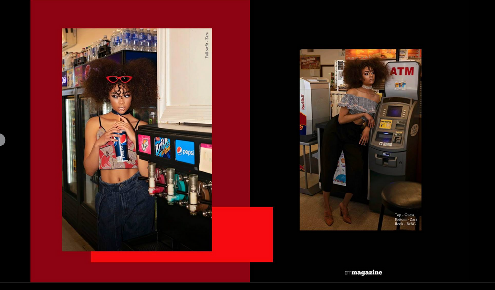 Vintage-style photography of a convenience store interior with red accents.