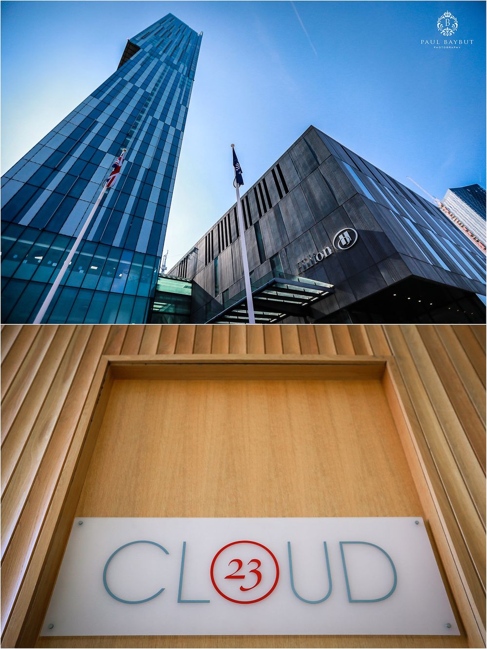 Modern skyscraper with Cloud 23 signage against blue sky in urban setting.