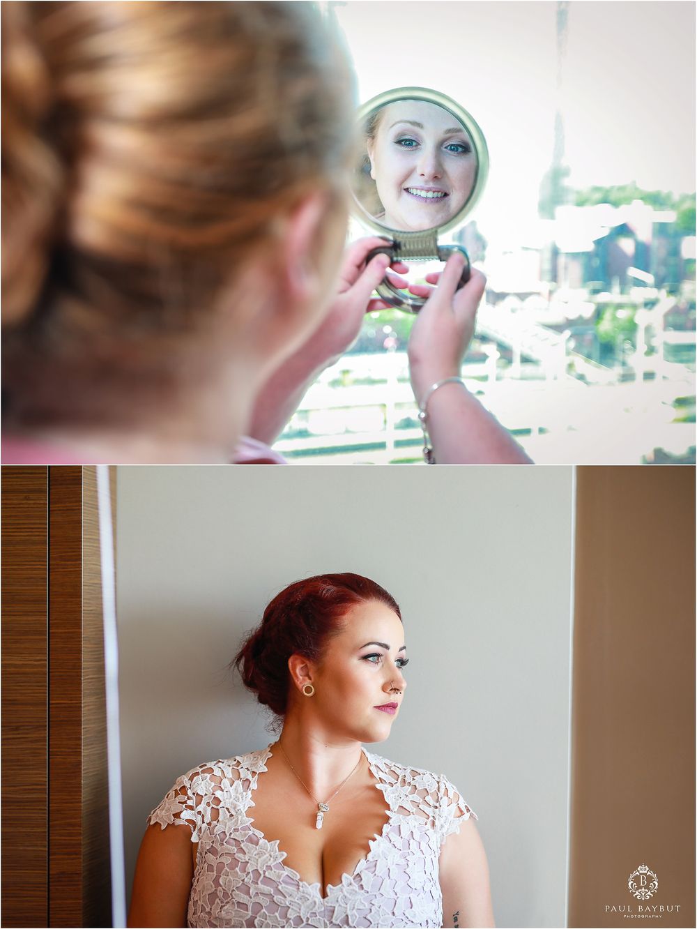 Wedding preparation photos showing makeup application and final bridal look with lace dress.
