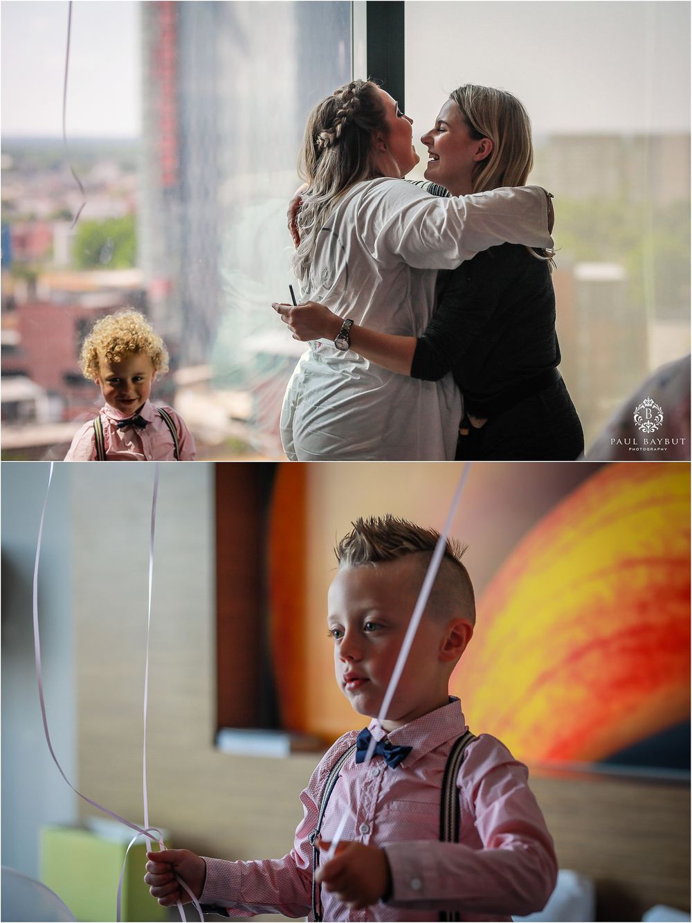 A romantic wedding moment with two people embracing while a young child in pink watches nearby.