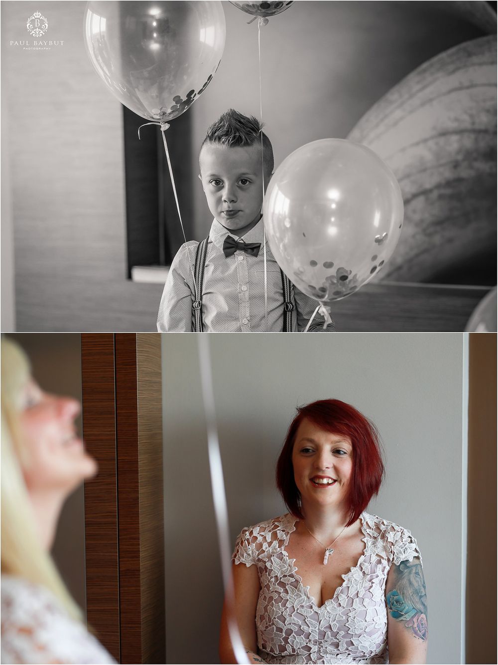 A formal black and white photo of a young boy in suspenders holding balloons.