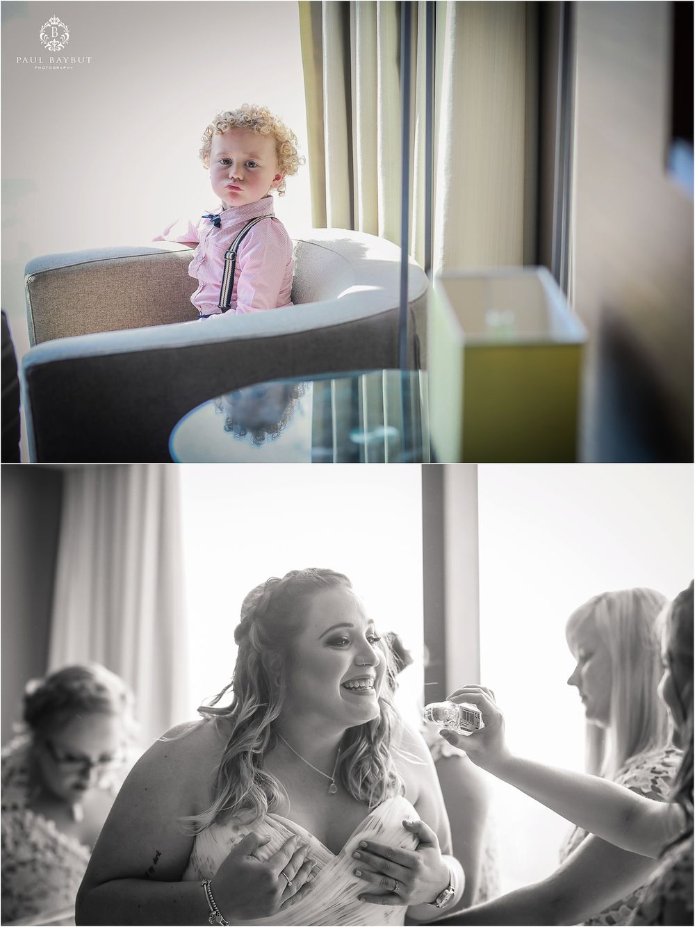 Wedding preparation moments captured in a diptych style photo.