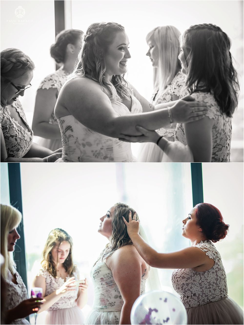 Bridesmaids help with final wedding preparations in an emotional getting-ready scene.