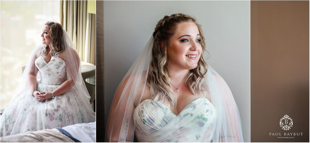 Romantic bridal portraits showcasing a detailed lace wedding gown and veil.
