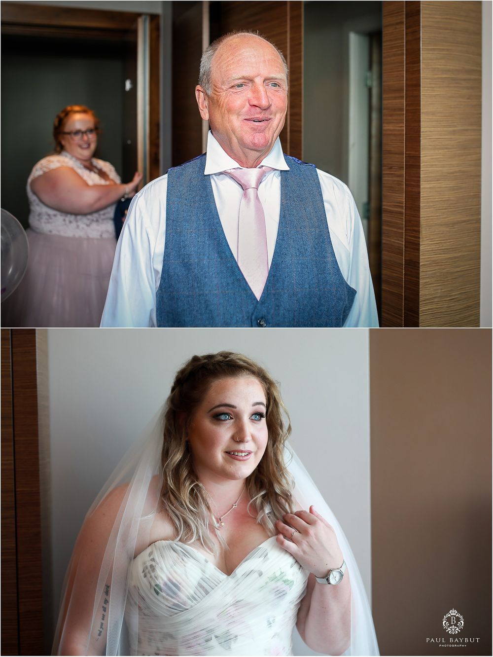A groom wearing a blue vest and pink tie stands in a doorway during wedding preparations.