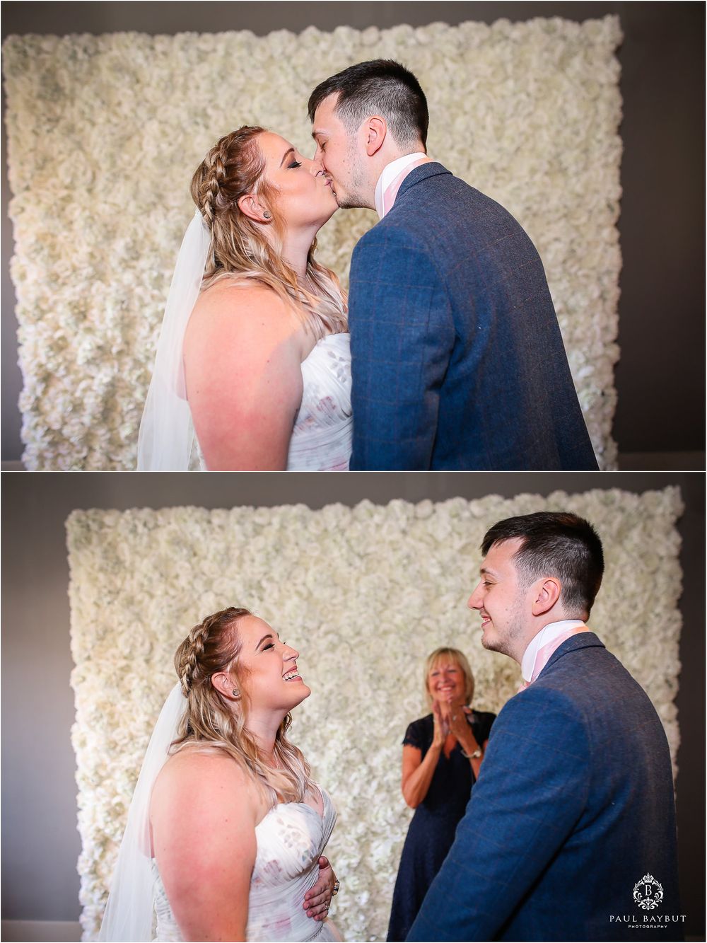 Wedding ceremony moments against elegant white floral backdrop wall.