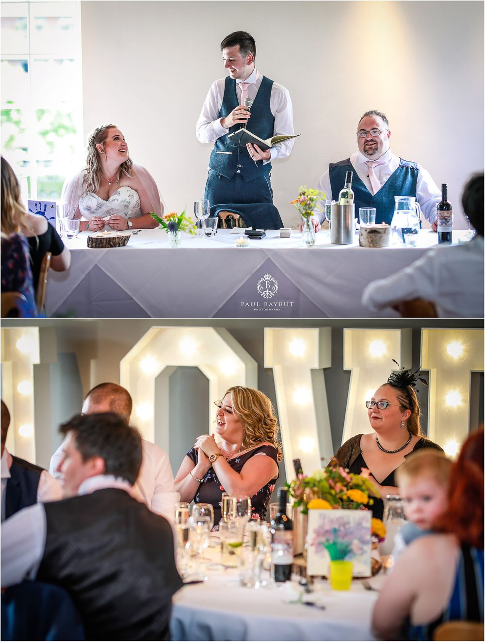 Wedding reception candid moments captured during speeches and celebrations.