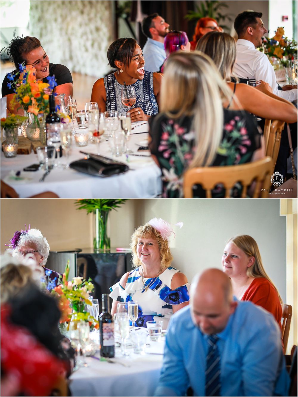 Wedding guests enjoying conversation and laughter during reception dinner with colorful floral centerpieces.