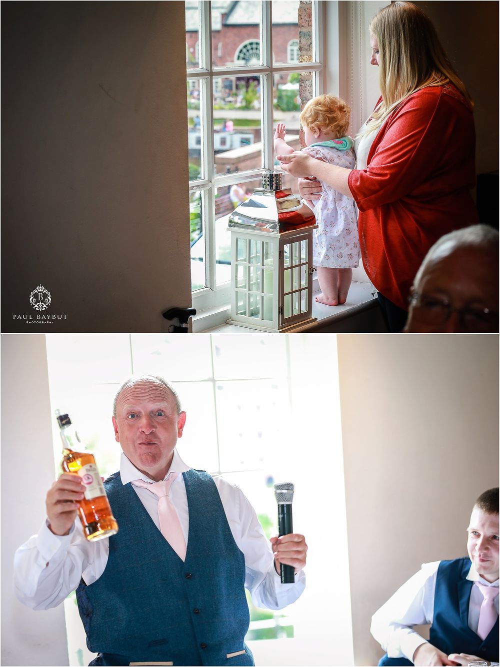 Split image showing wedding reception moments with drinks and toasts.