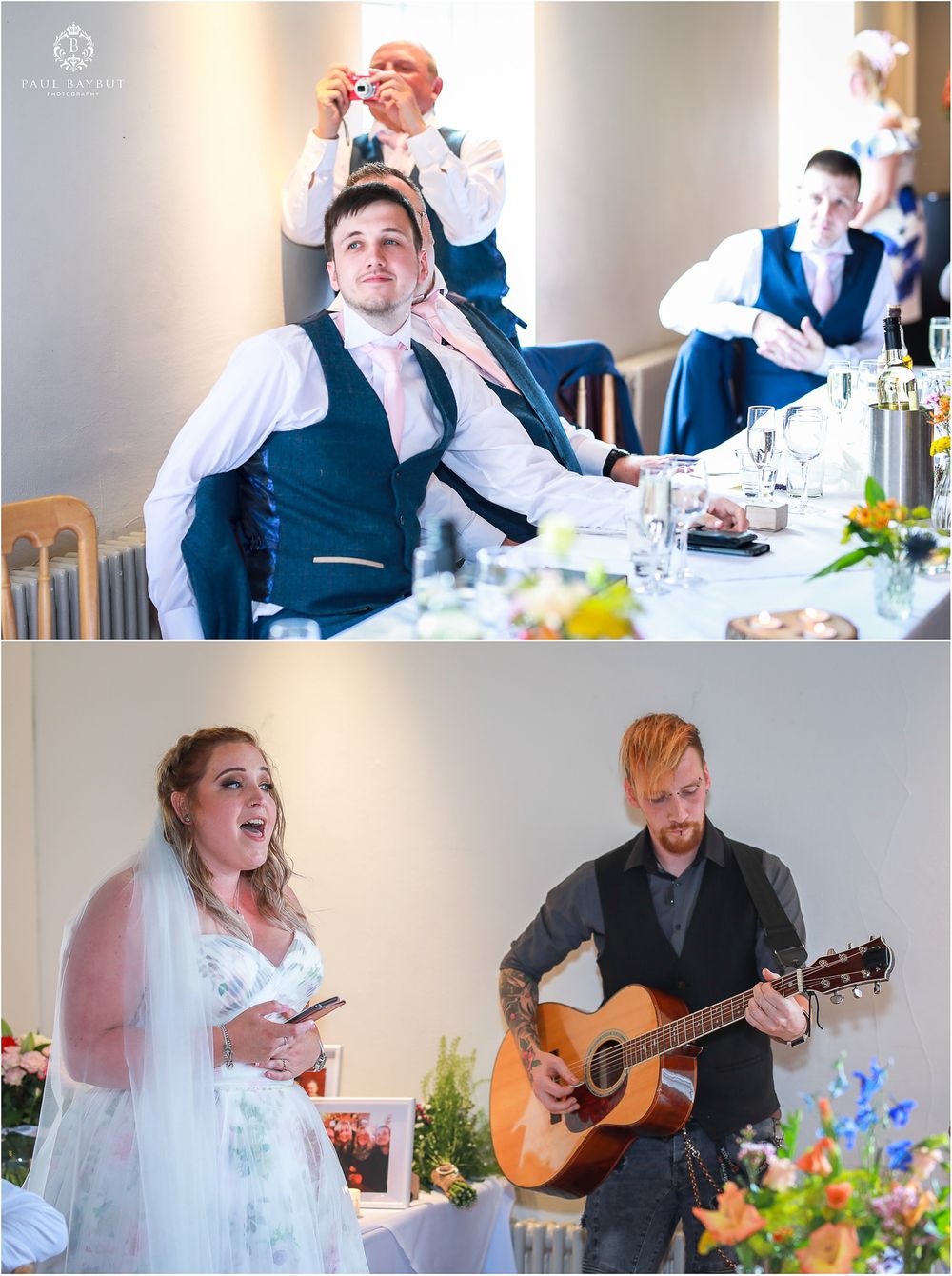 Split view of wedding reception entertainment with acoustic guitar performance and guest reactions.