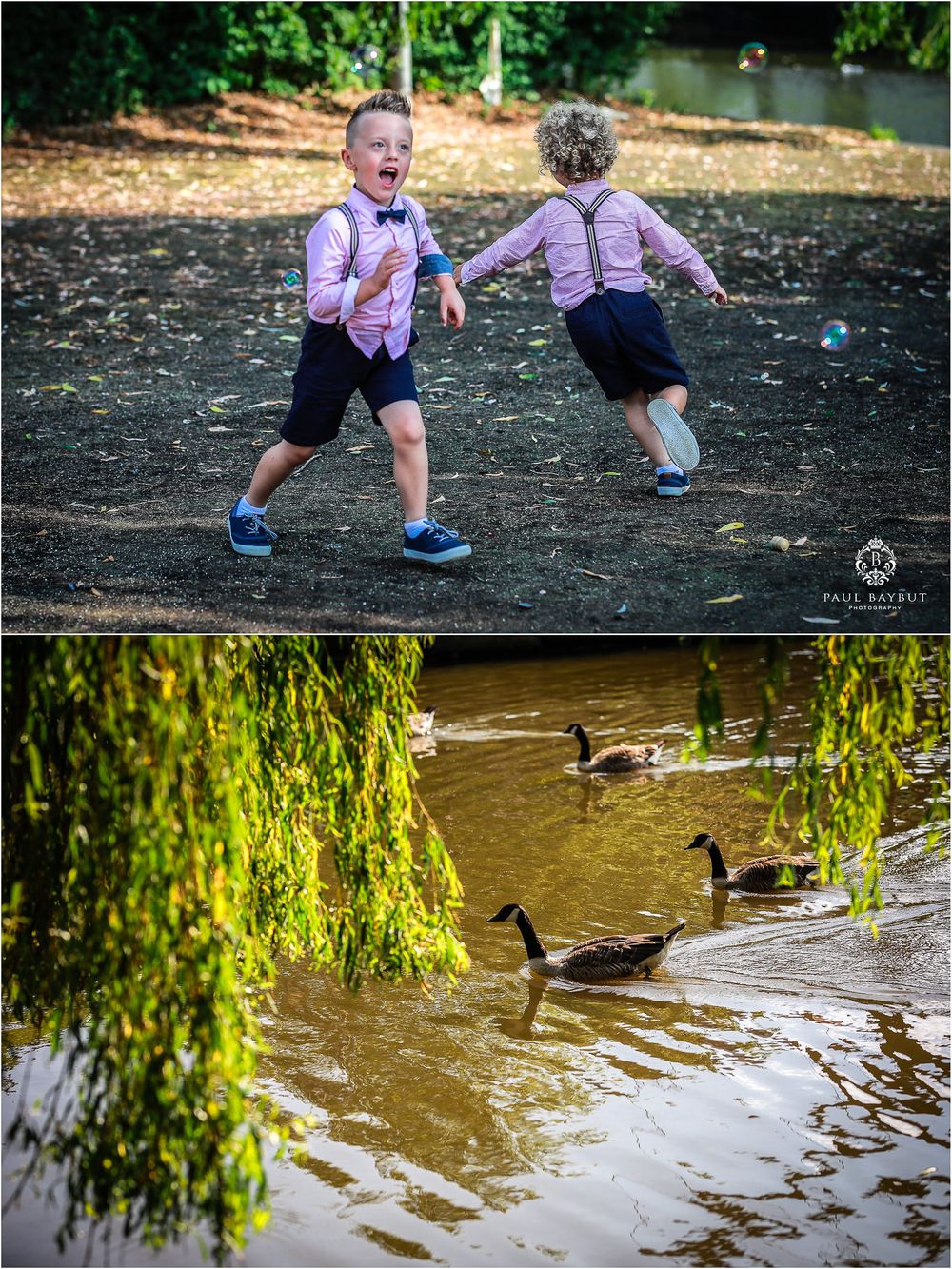 Playful scene of children running outdoors with ducks swimming in a pond below.