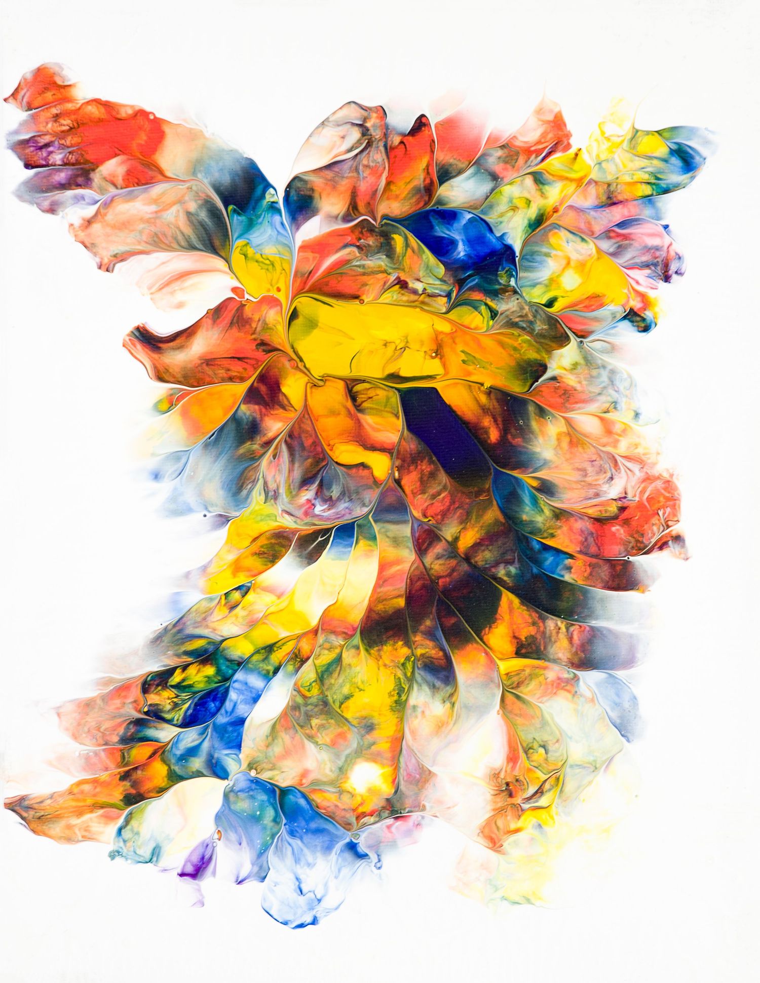 Abstract colorful artwork with swirling patterns in vibrant yellow, red, blue and orange watercolors.