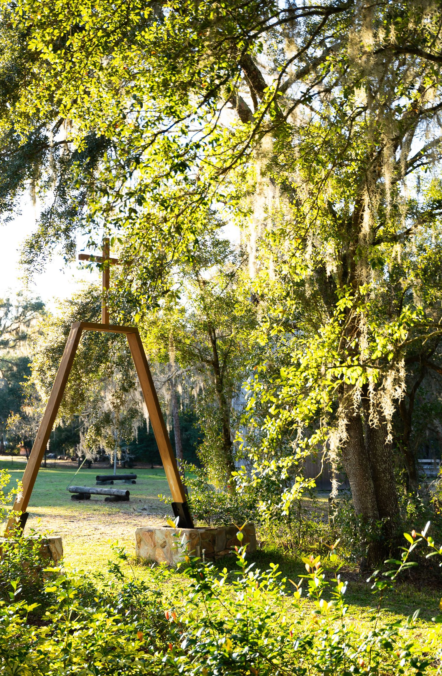 Sun-dappled garden setting with Spanish moss hanging from mature oak trees.