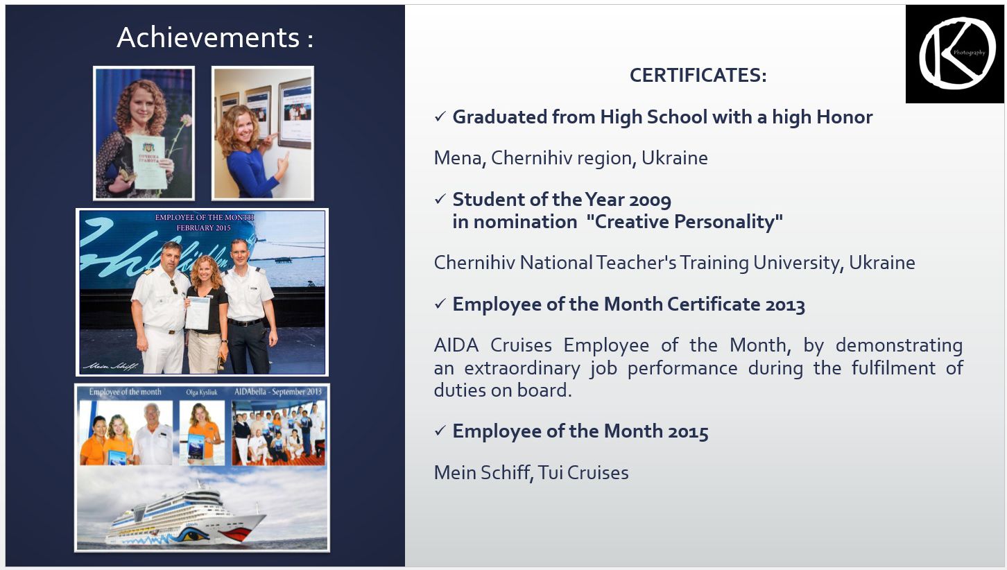 Olga Kysliuk Certificates & Achievements
