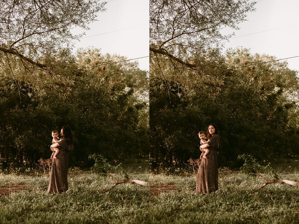 Side-by-side portraits showing an intimate family scene in a sunlit meadow.