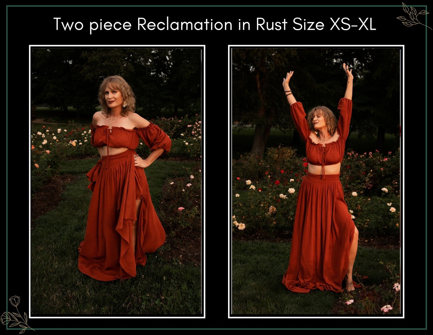 Woman modeling a rust-colored two-piece off-shoulder crop top and maxi skirt set, available in sizes XS-XL.