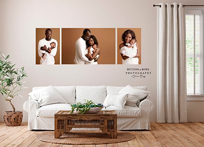 Three sepia-toned family photographs displayed above white sofa in contemporary living room.