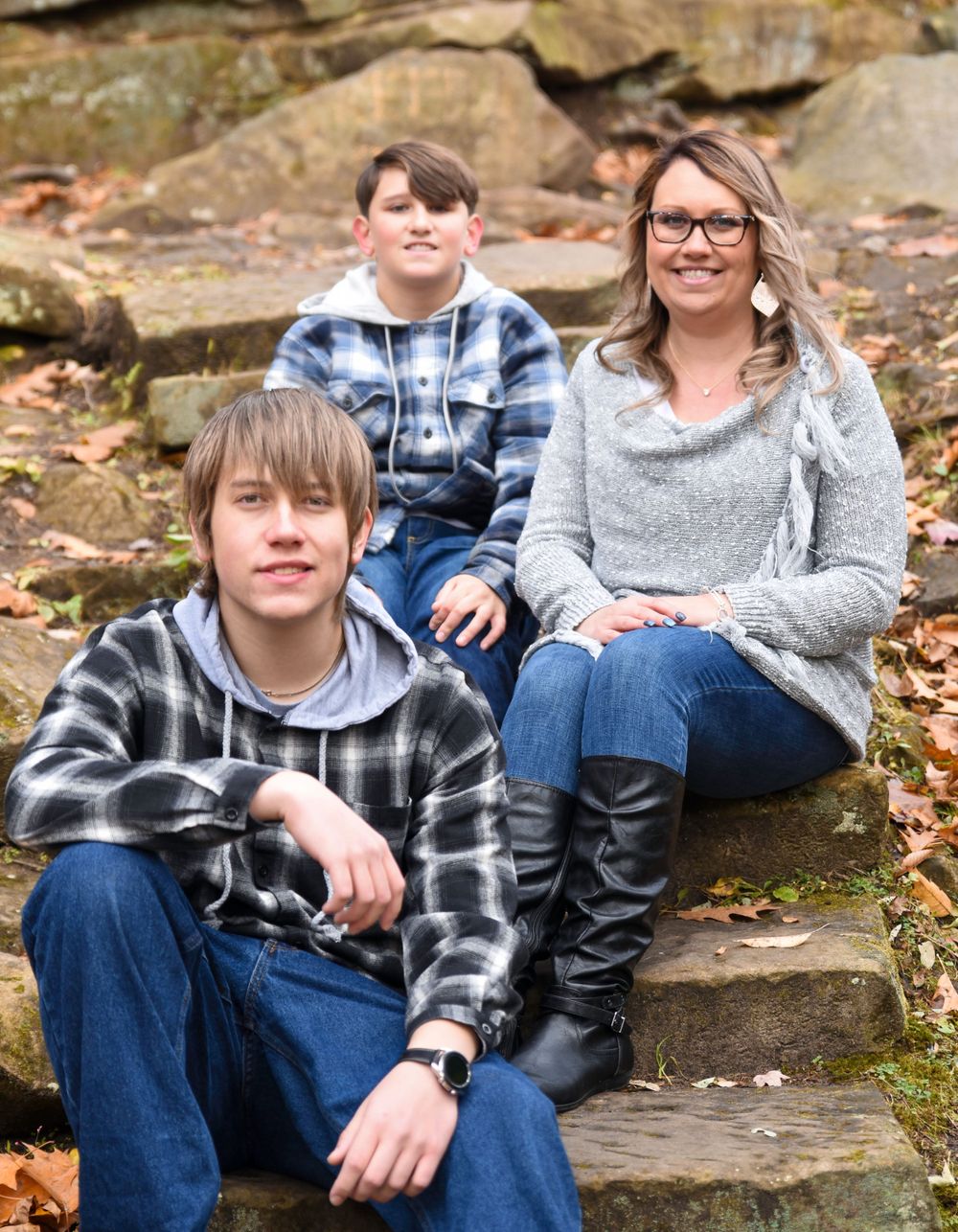 Family group sitting on rocky steps outdoors during autumn season.