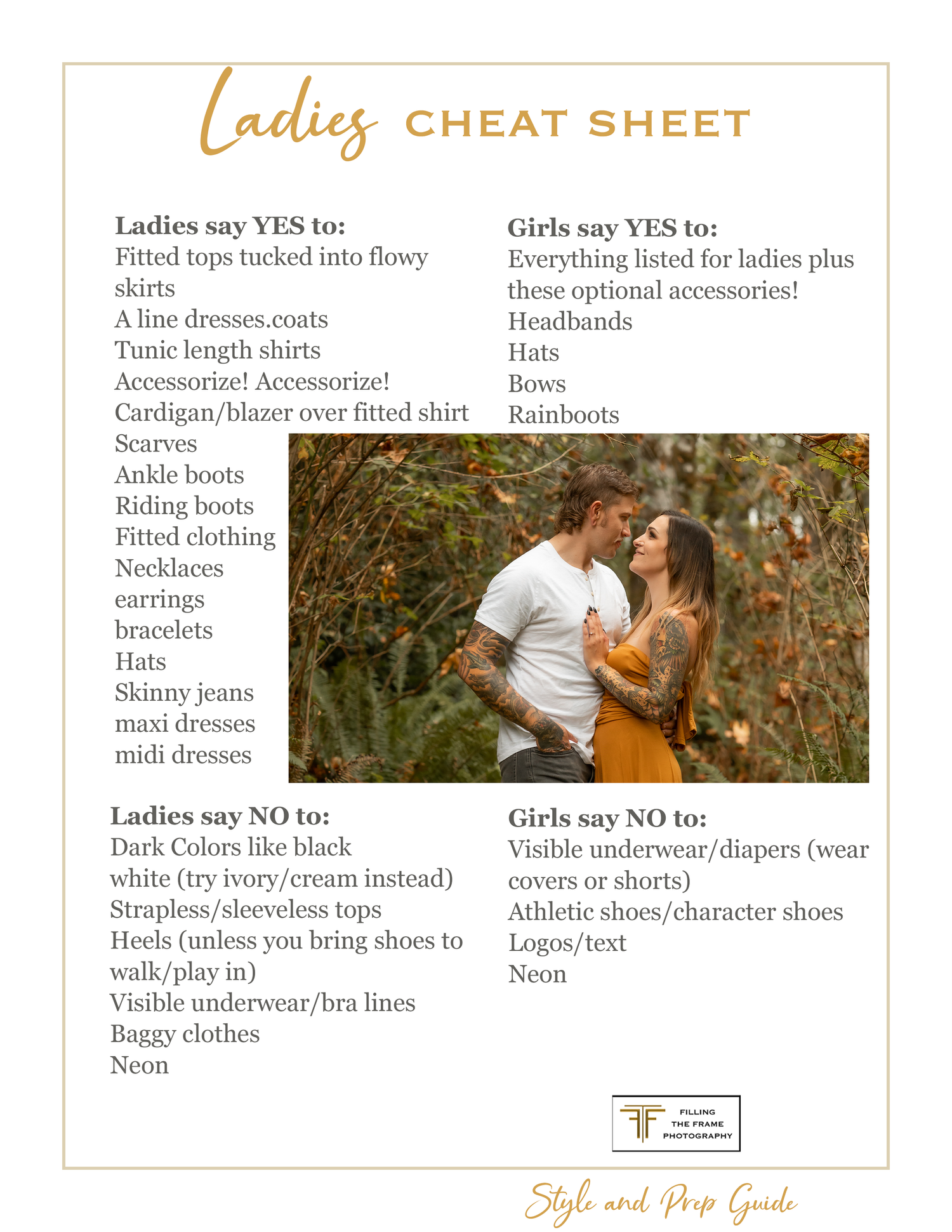 Ladies wardrobe cheat sheet for portrait photography with style dos and donts.