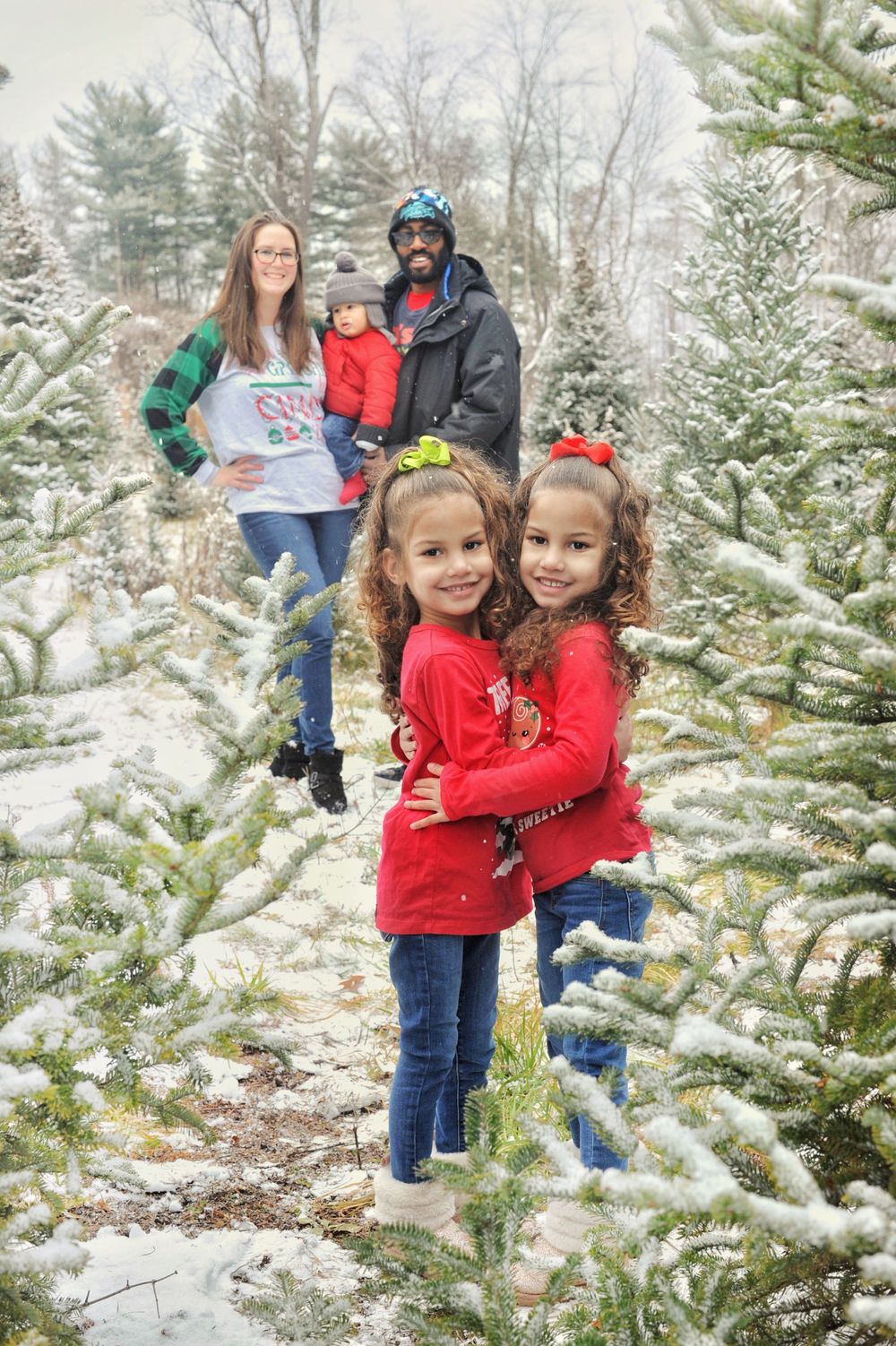 Family in the snow at a tree farm, Christmas