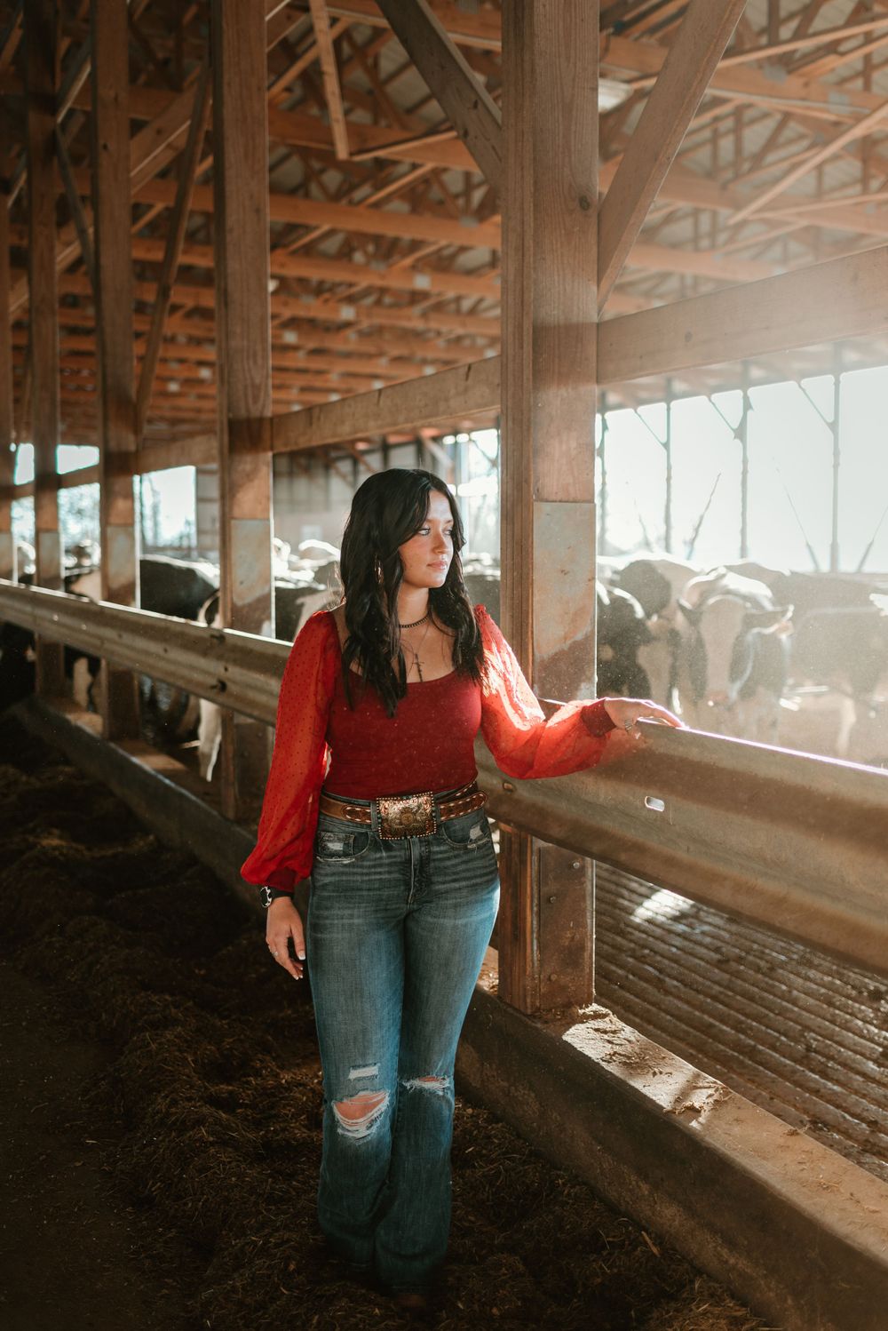 Person in red peasant top and jeans stands in rustic barn with livestock visible.