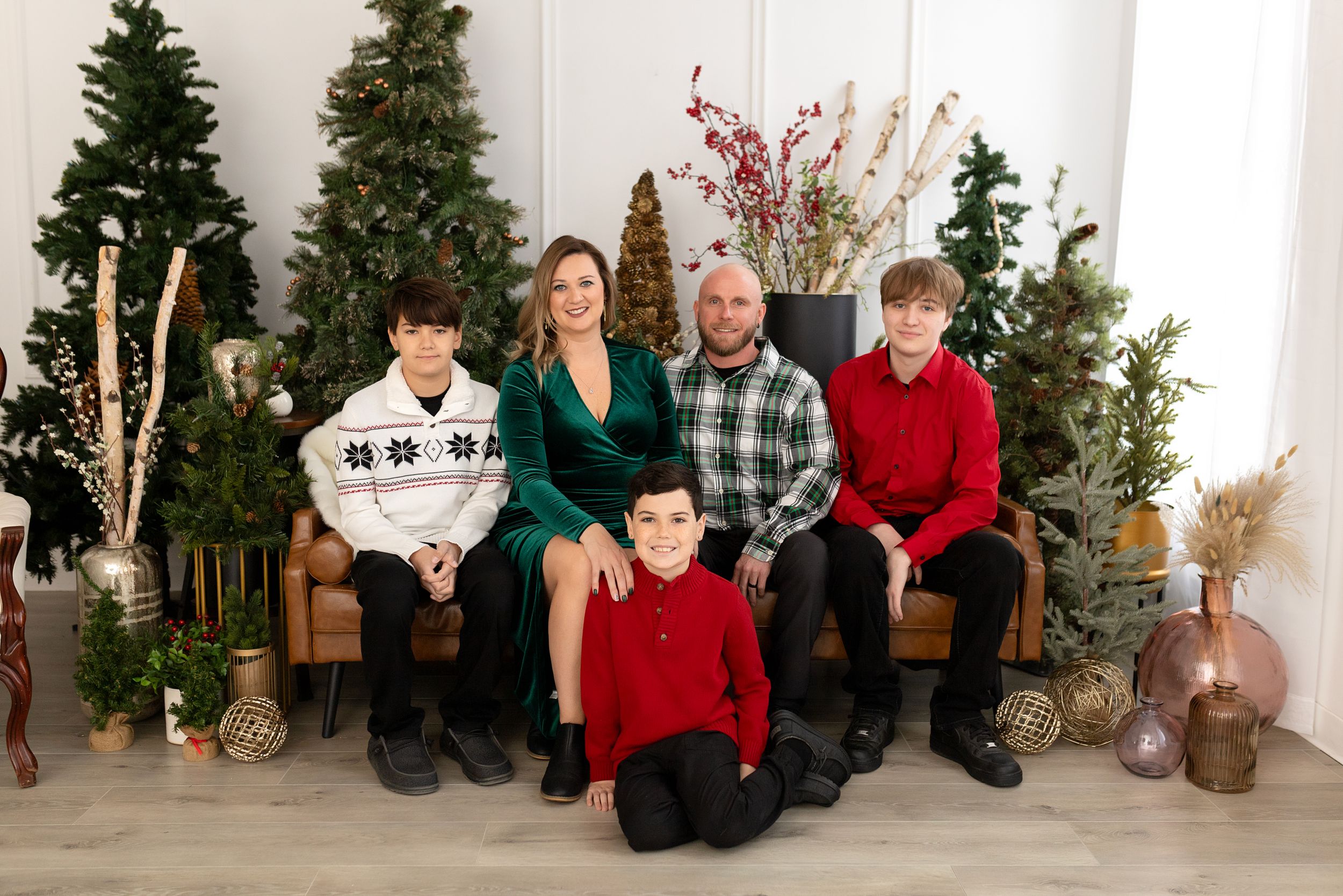 Holiday family portrait with people seated in front of decorated Christmas trees and festive decor.
Janesville, WI
Brodhead, WI