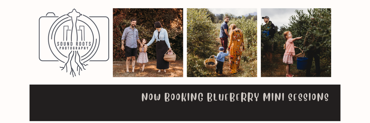 Four lifestyle photos with a black banner and photography logo showing outdoor portrait sessions.