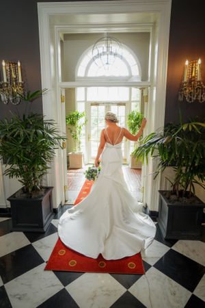 Color portrait of the Dearborn Inn lobby, classic bridal moment.