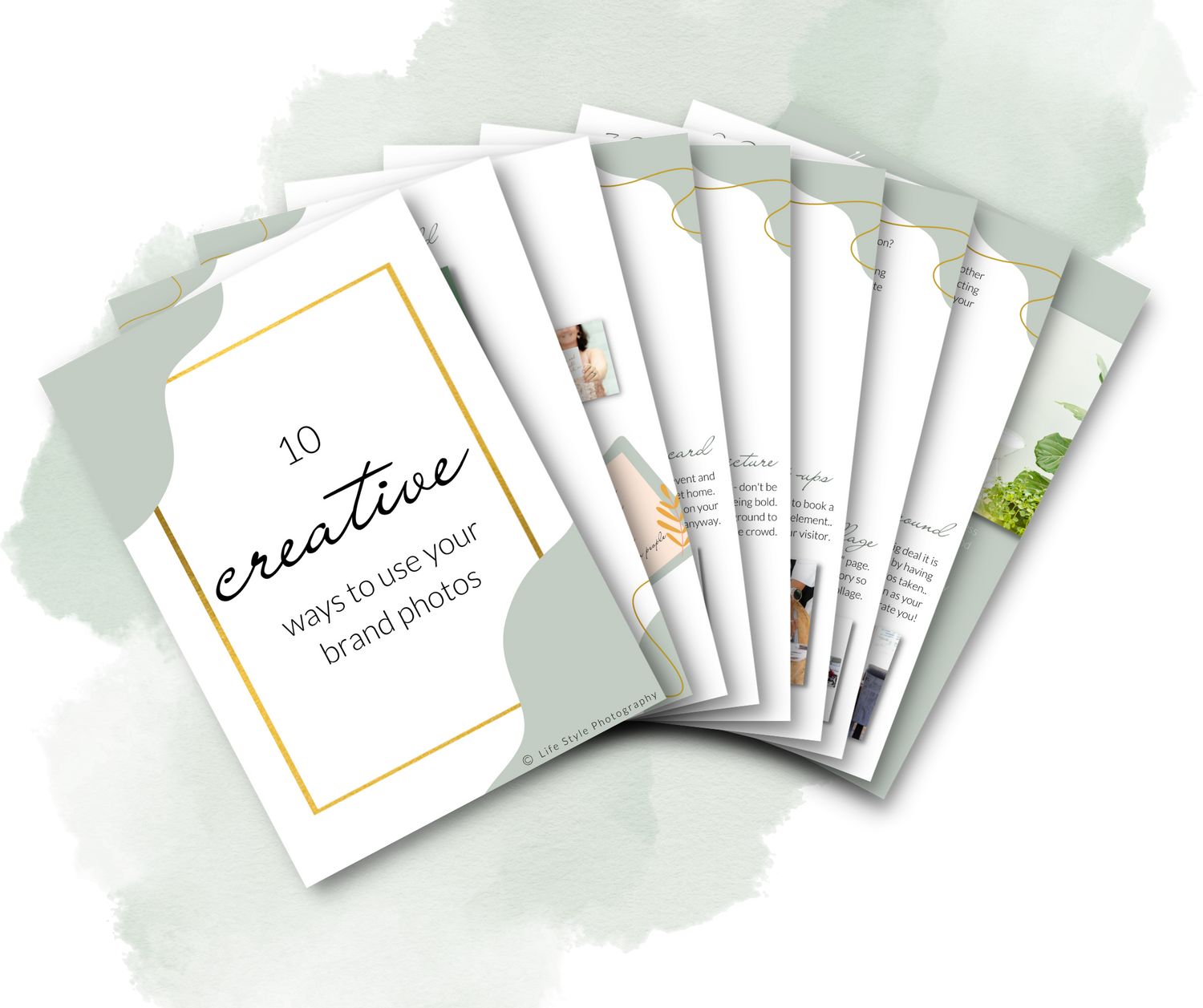 Fanned out collection of elegant marketing materials with gold geometric design elements.