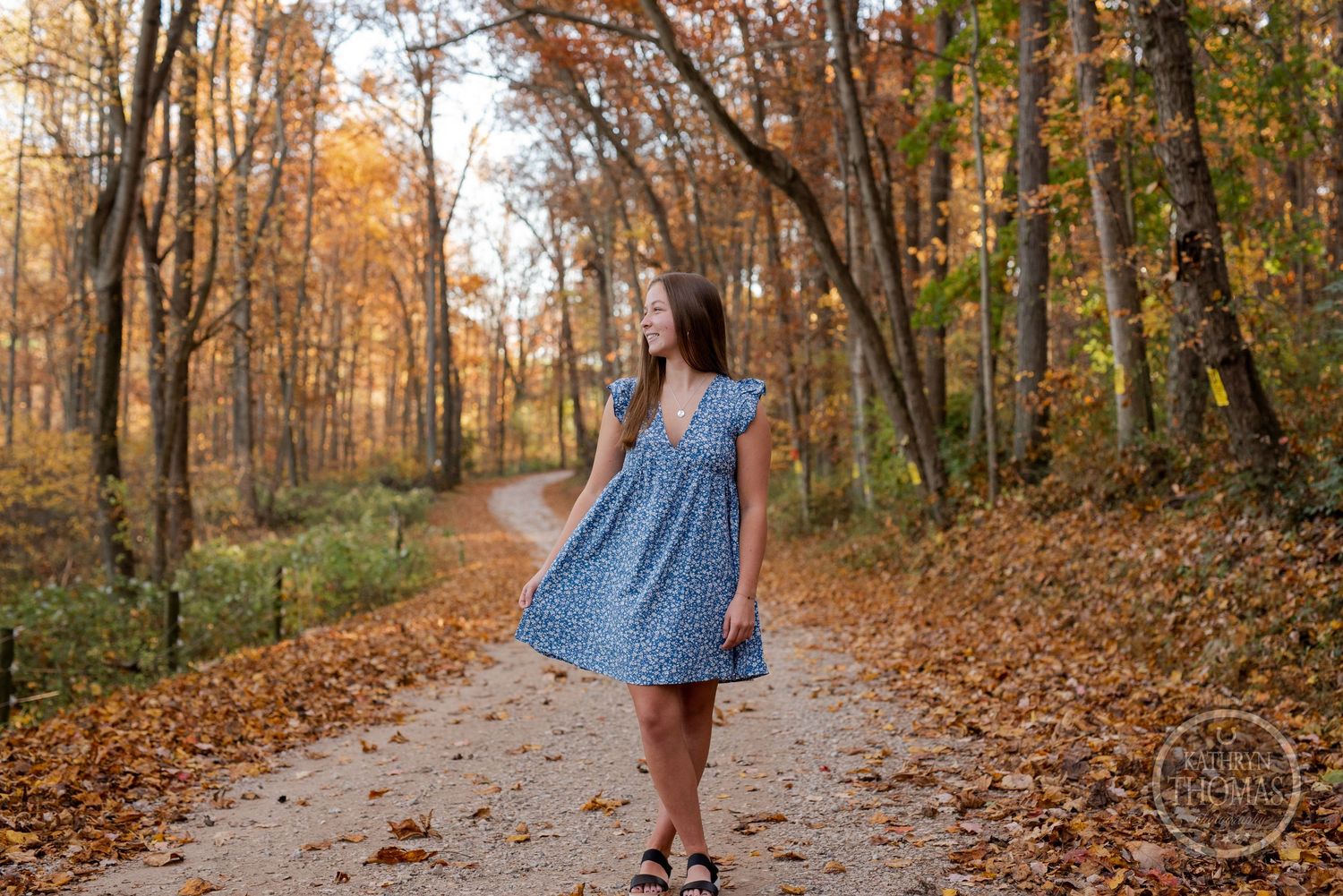 A person twirling in a blue dress on a leaf-covered path through an autumn forest.