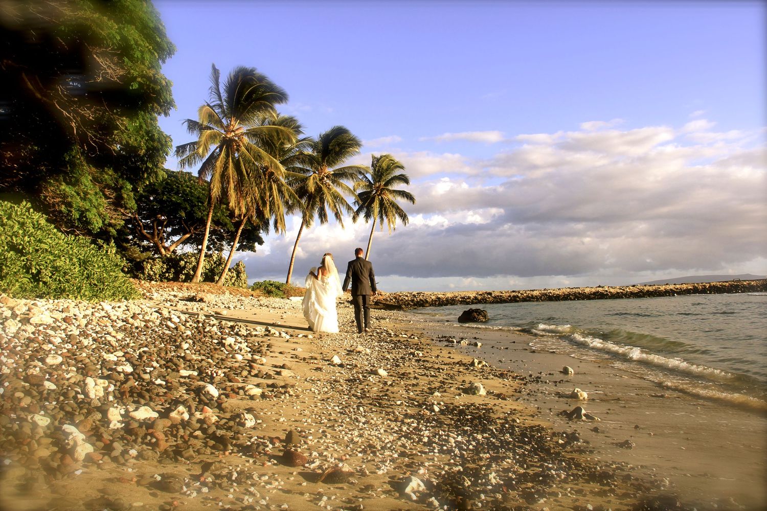 Maui Beach Wedding Romantic Palm Trees Pacific Ocean Couple Holding Hands, Studio Caroline Photography, Maui, Hawaii