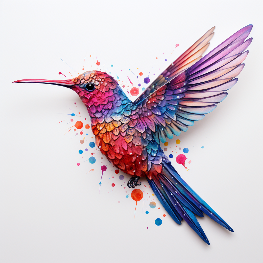 Colorful paper art hummingbird with vibrant watercolor splatter effects.