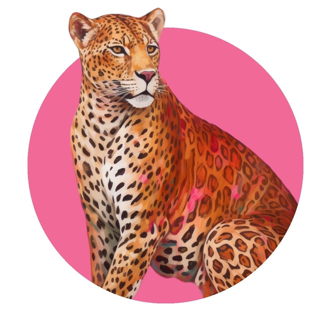 Detailed illustration of leopard against pink circular background.
