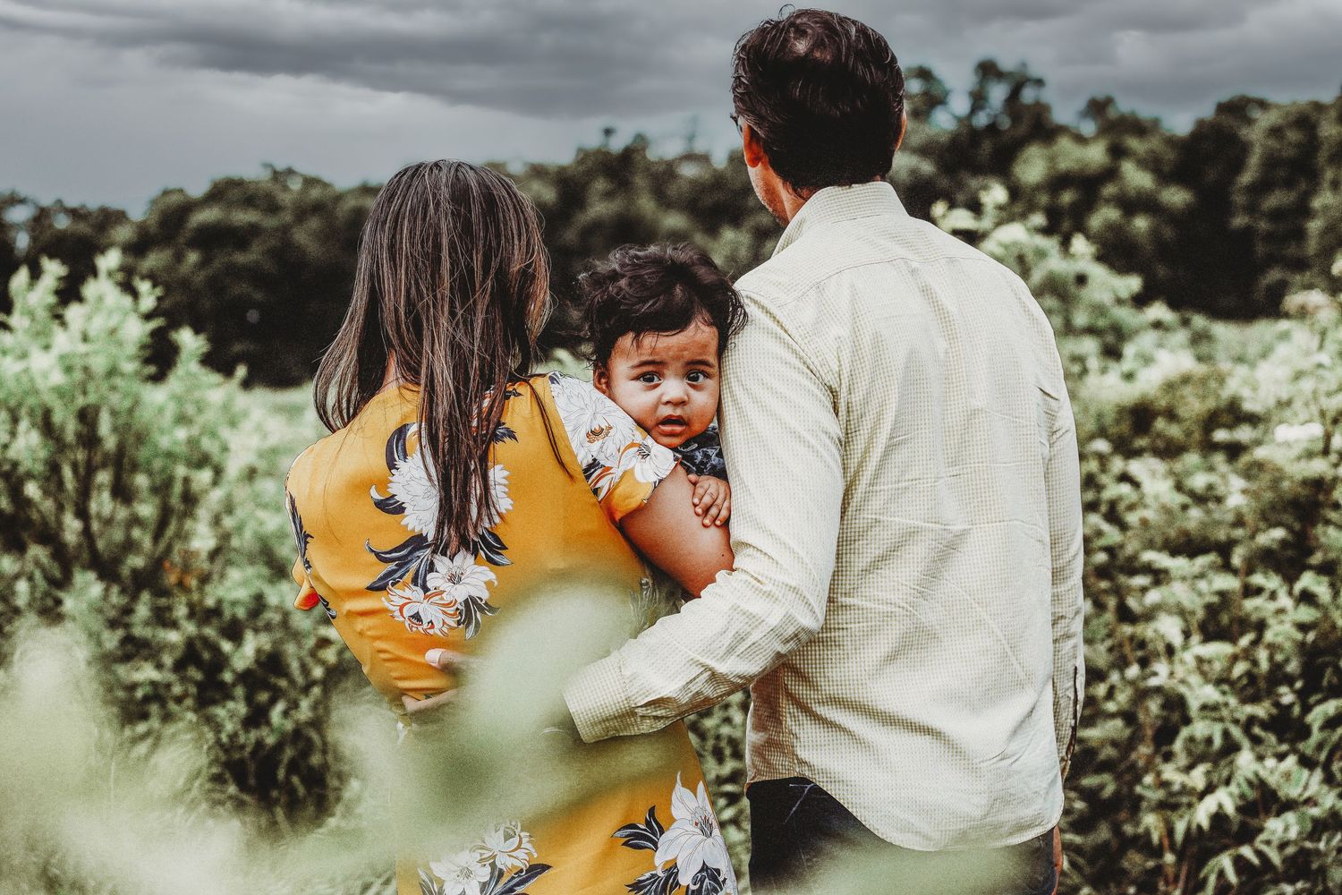Candid outdoor family moments captured through flowering bushes in natural light.