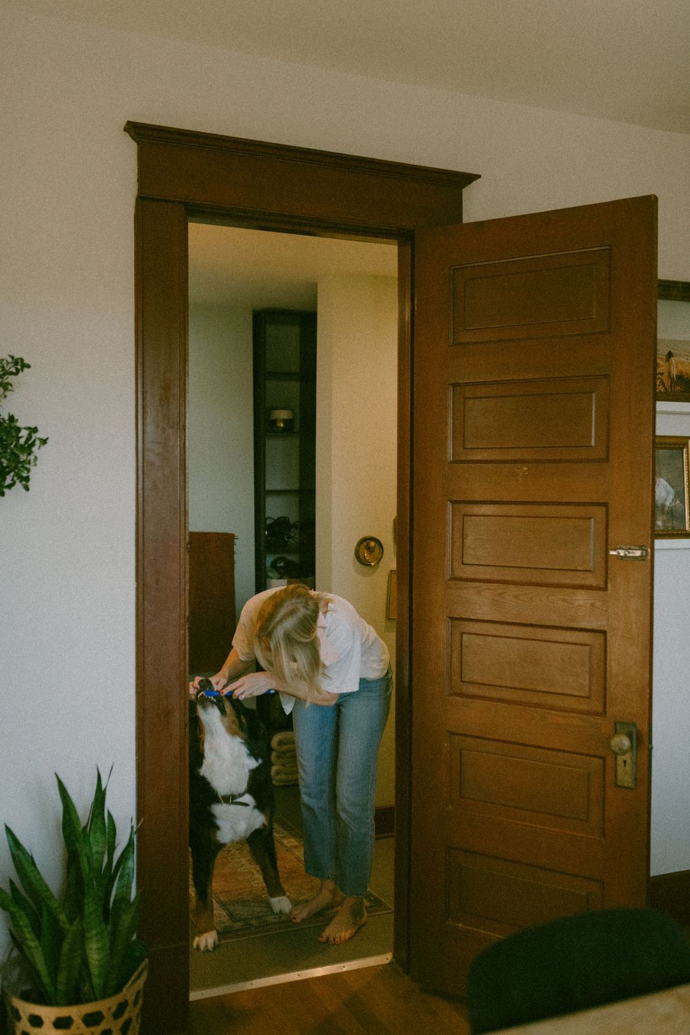 in home couples session with dog, in Grand Rapids michigan. cozy in home session. filmy family photos.