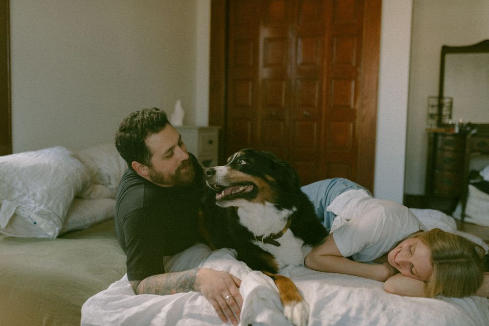 in home couples session with dog, in Grand Rapids michigan. cozy in home session. filmy family photos.