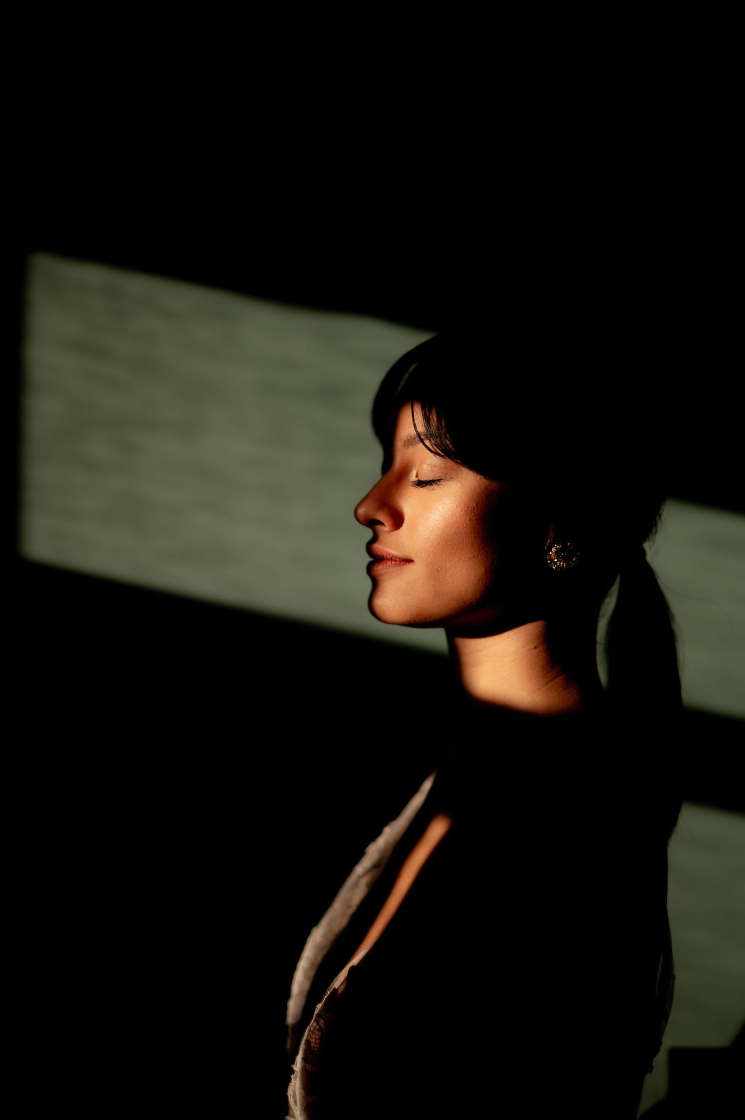 Dramatic side profile silhouettes in shadow against contrasting light.
