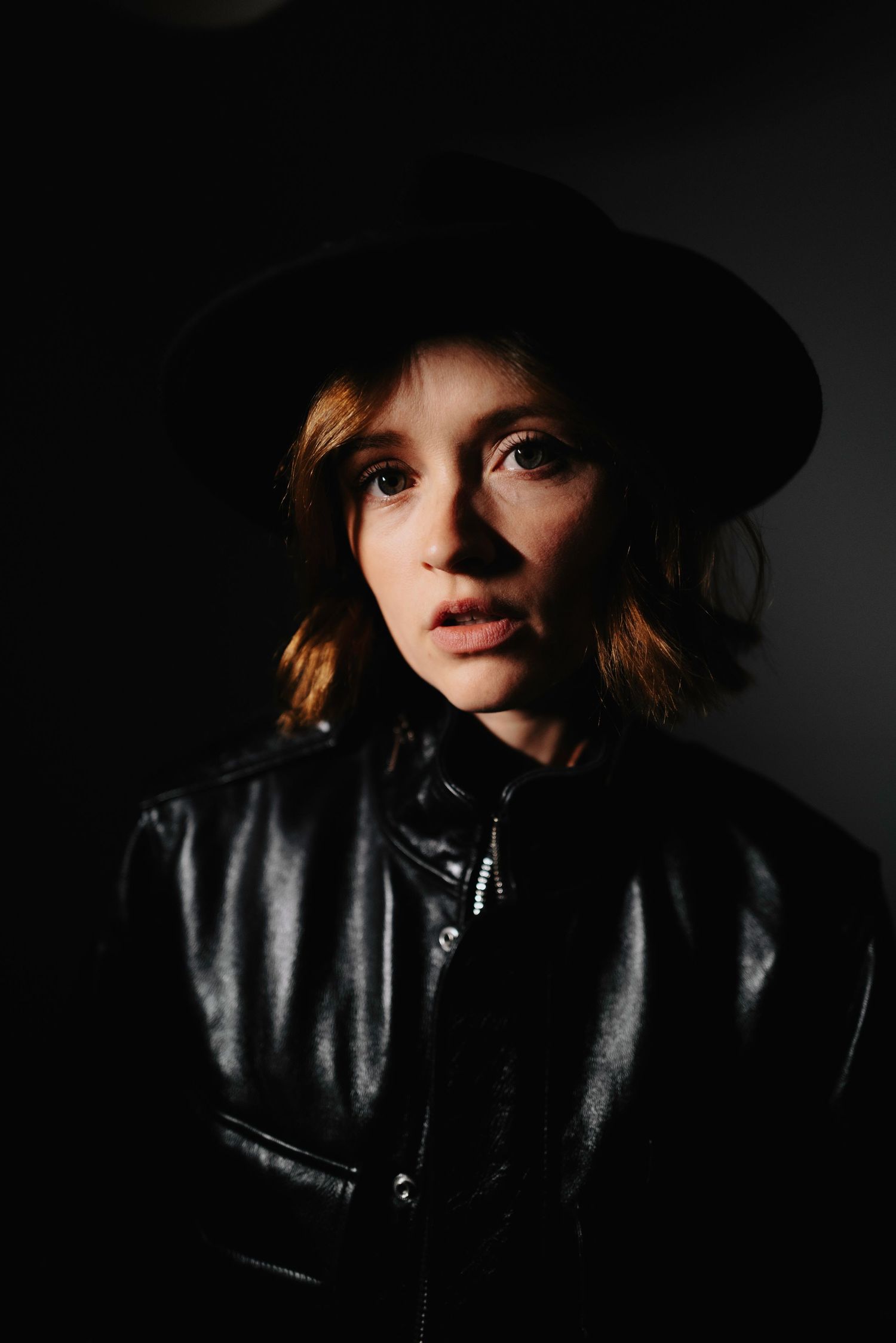 Noir-style portraits with dramatic shadows featuring a black hat and leather jacket.